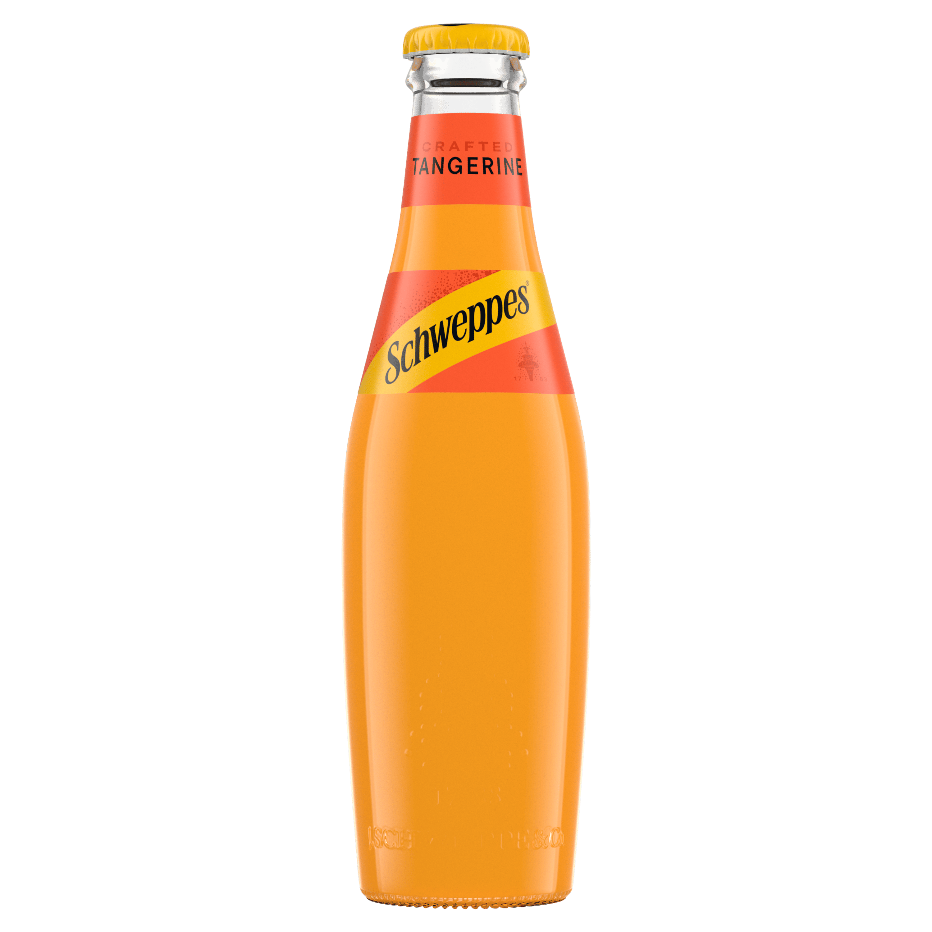 Shishe Schweppes Tangerine me kapak të verdhë dhe lëng portokalli.