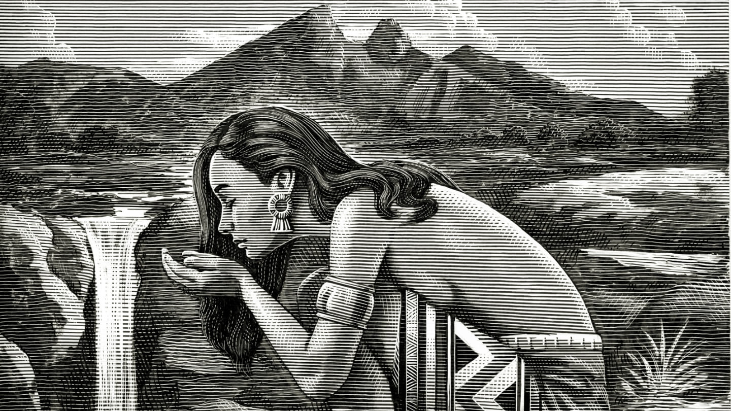 Dibujo de una mujer indígena se inclina hacia una cascada en un estilo de grabado en blanco y negro, con las manos ahuecadas como si fuera a recoger agua.