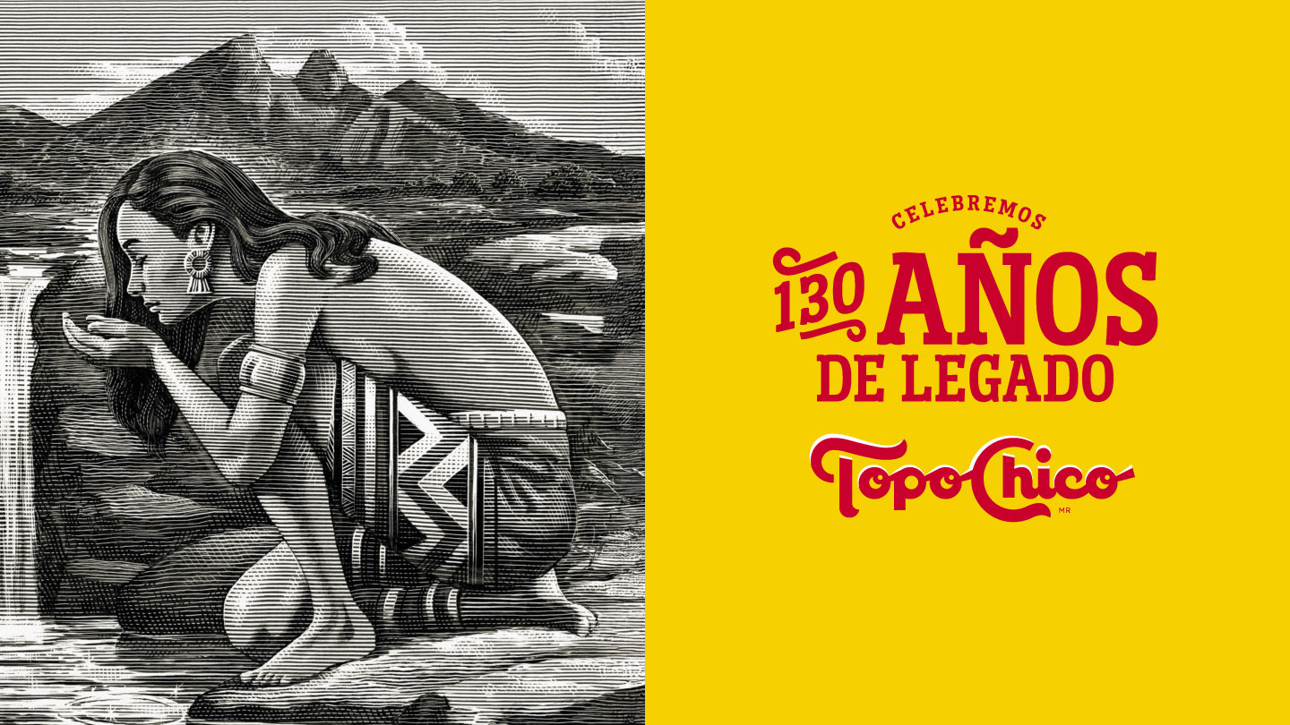 Banner de Topo Chico 130 años con el dibujo de una mujer indígena se inclina hacia una cascada en un estilo de grabado en blanco y negro, con las manos ahuecadas como si fuera a recoger agua.