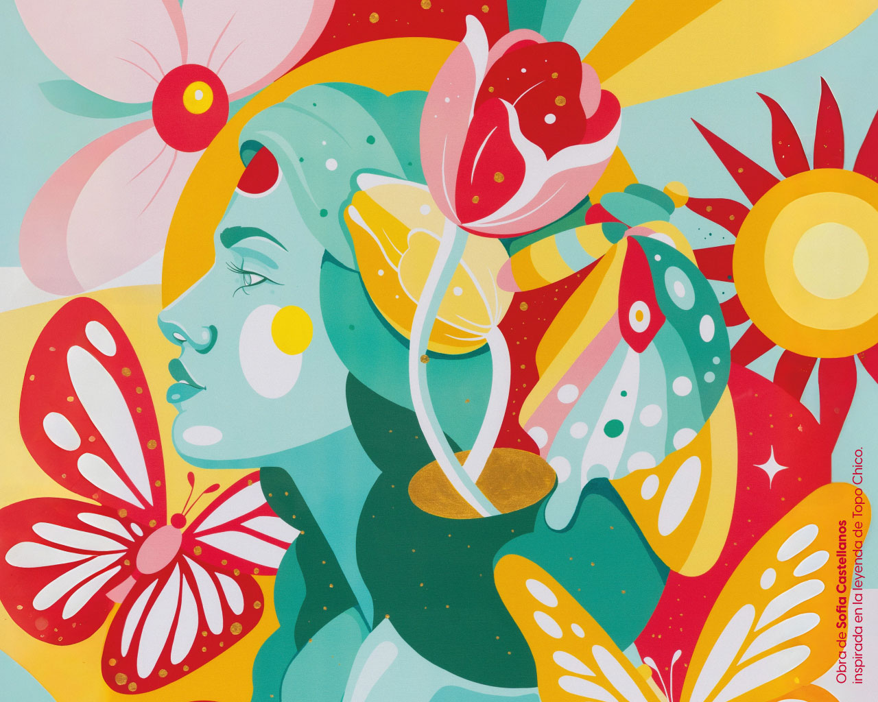 Pintura de una mujer en color verde con mariposas coloridas y flores de diferentes colores