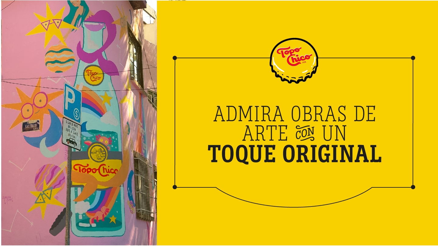 esquina de una casa de color rosa con dibujos de colores y una botella de Topo Chico pintada