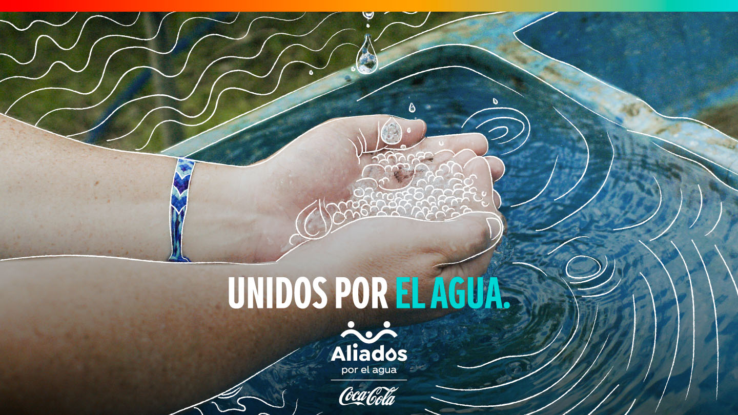 Manos sumergidas en un recipiente con agua con trazos de ilustración y el título "Unidos por el agua". Debajo, el logo de "Aliados por el agua" y el de Coca-Cola.