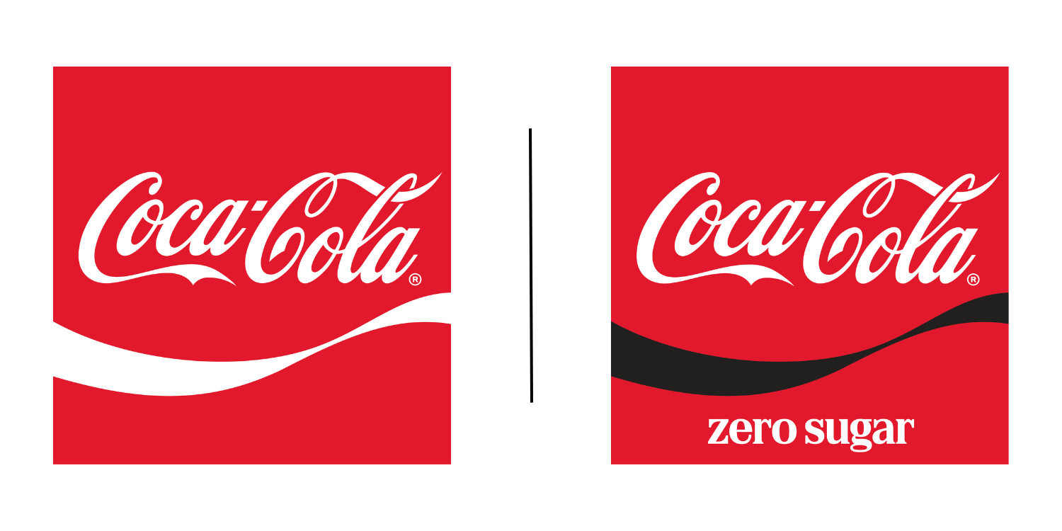Deux logos Coca-Cola côte à côte : à gauche, le logo classique Coca-Cola avec une ligne ondulée blanche, et à droite, le logo Coca-Cola Zero Sugar avec une ligne ondulée noire et le texte « zero sugar ».