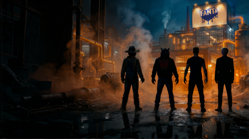 Quatre silhouettes se tiennent côte à côte dans un environnement industriel sombre, avec du feu, de la fumée et un éclairage dramatique en arrière‑plan.
