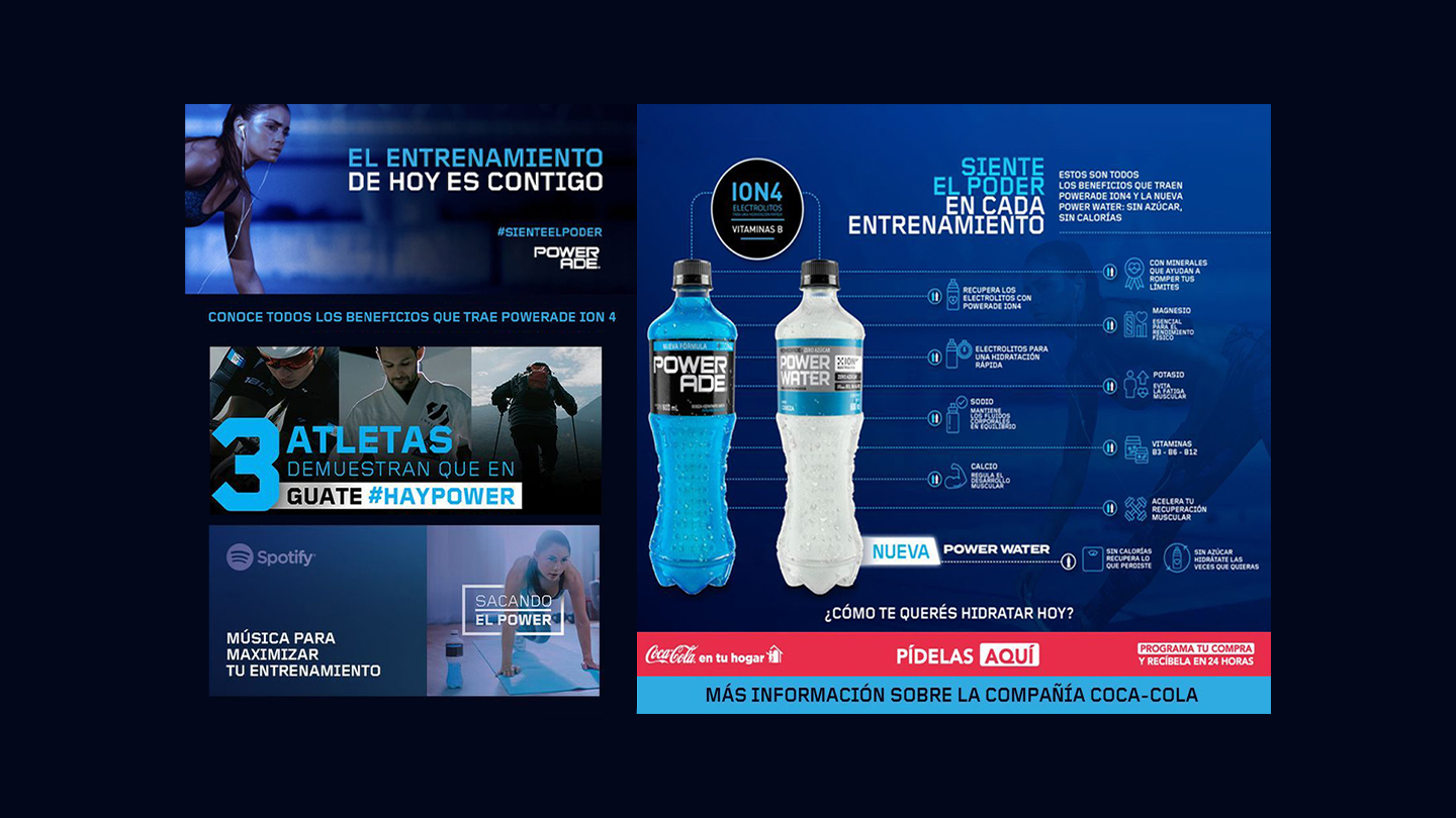 Dos botellas de Powerade, imágenes de personas entrenando y texto