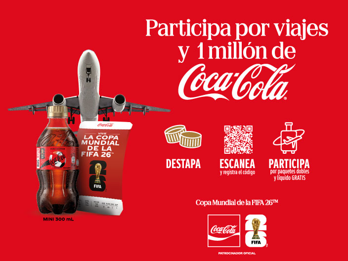Promoción para participar por viajes y 1 millón de Coca-Cola. Se observa un avión, un boleto y una mini botella de Coca-Cola Zero-Azúcar.