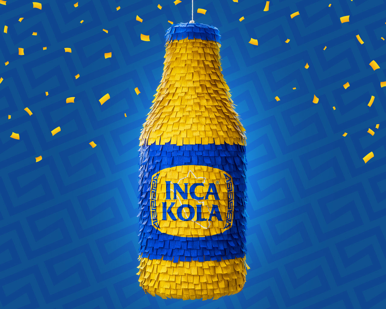 Piñata con forma de botella de Inca Kola sobre un fondo azul y confeti amarillo cayendo 