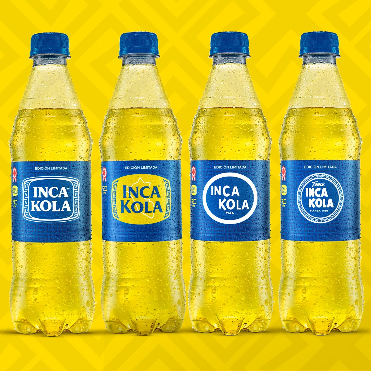 4 botellas de Inca Kola con las nuevas etiquetas de edición imitada sobre un fondo amarillo