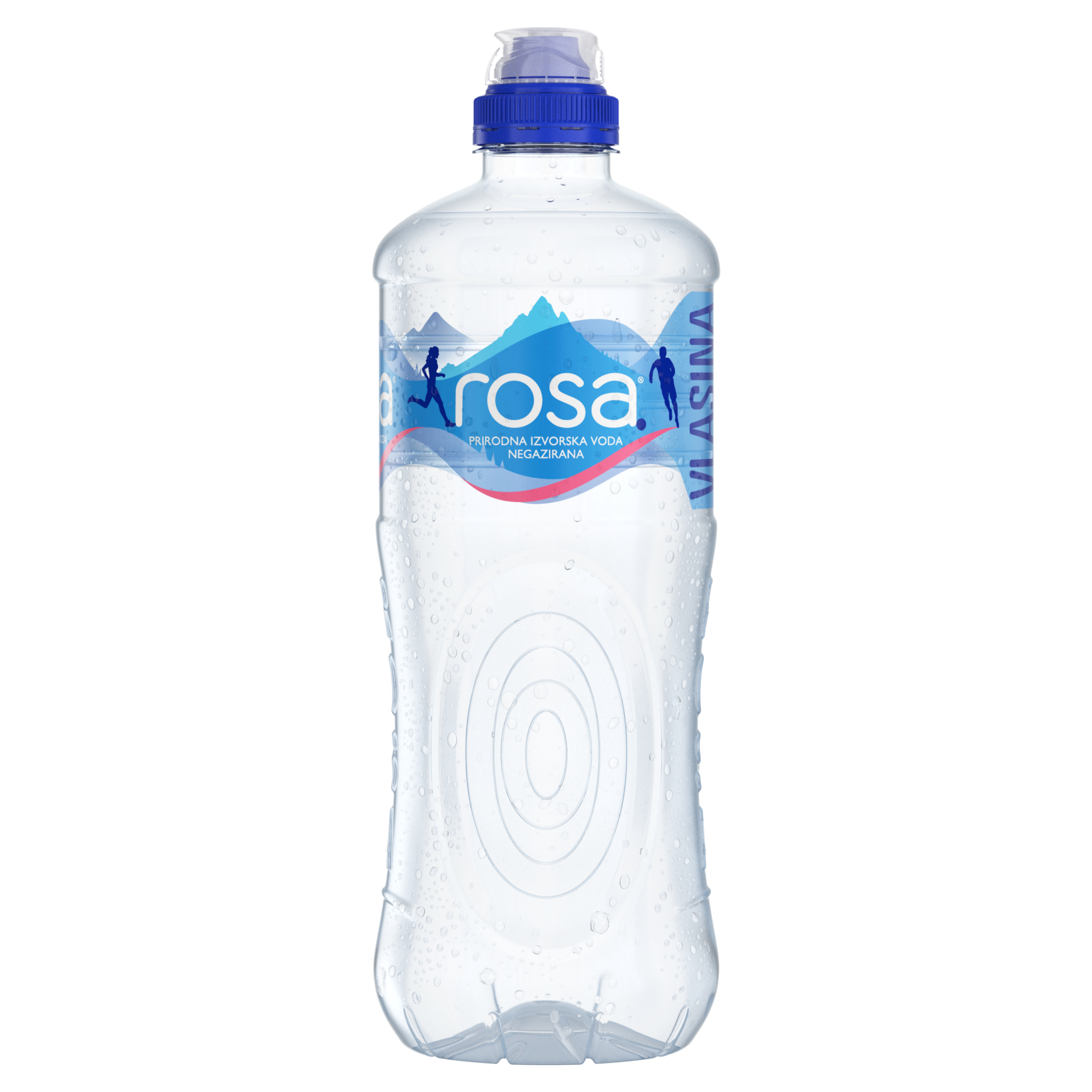 Flaša Rosa prirodne izvorske vode sa plavim čepom i etiketom na kojoj je prikazan planinski motiv