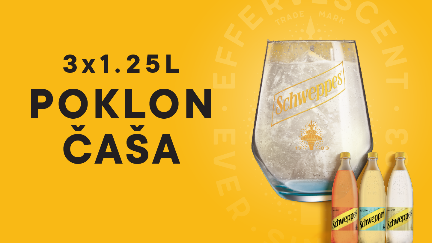 Promotivna slika sa žutom pozadinom koja prikazuje ponudu 3×1,25 L pića uz poklon čašu.