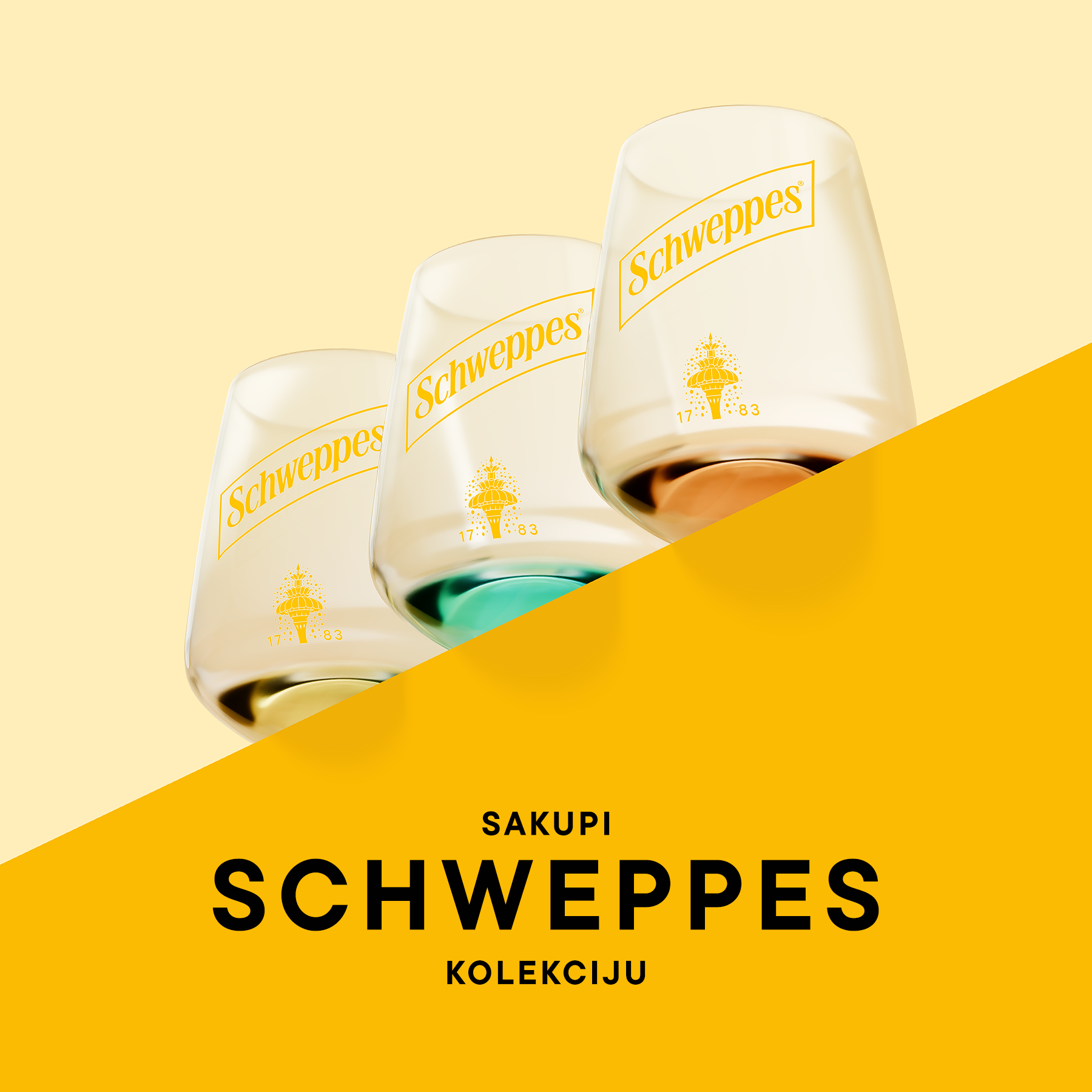 Čaše Schweppes na žutoj pozadini