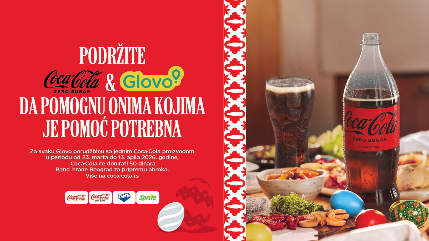 Promotivna slika Coca‑Cola sa crvenom pozadinom, flašom i čašom Cole pored bogate trpeze hrane, uz poruku o uživanju u obroku u dobrom društvu.