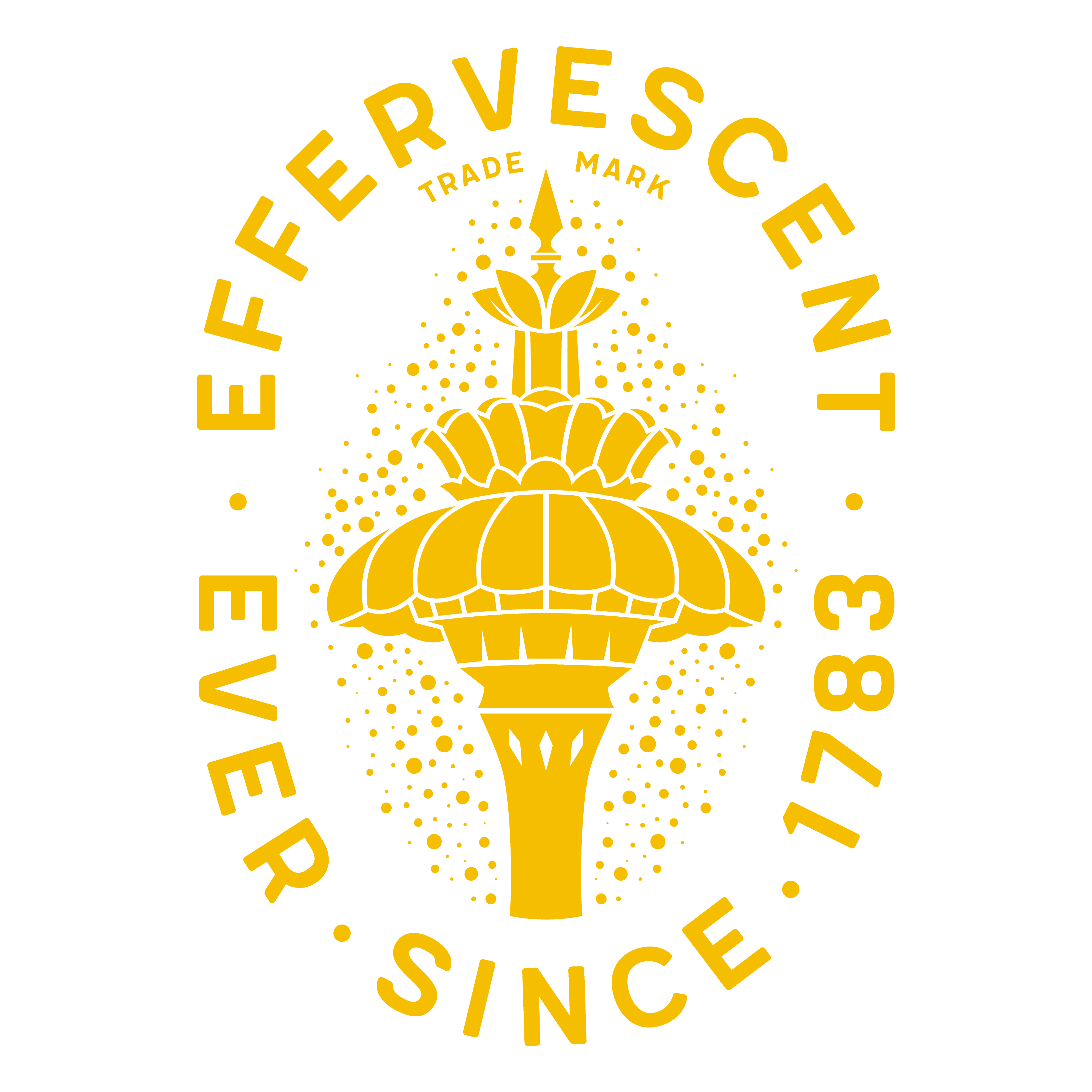 Zlatni logotip sa ilustracijom fontane okružen tekstom "Effervescent Ever Since 1783" i oznakom "Trade Mark".