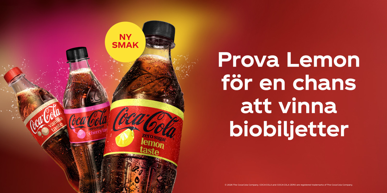 Text som säger "prova Lemon för en chans att vinna biobiljetter" mot röd och orange bakgrund med Coca-Cola-flaskor till vänster i bild
