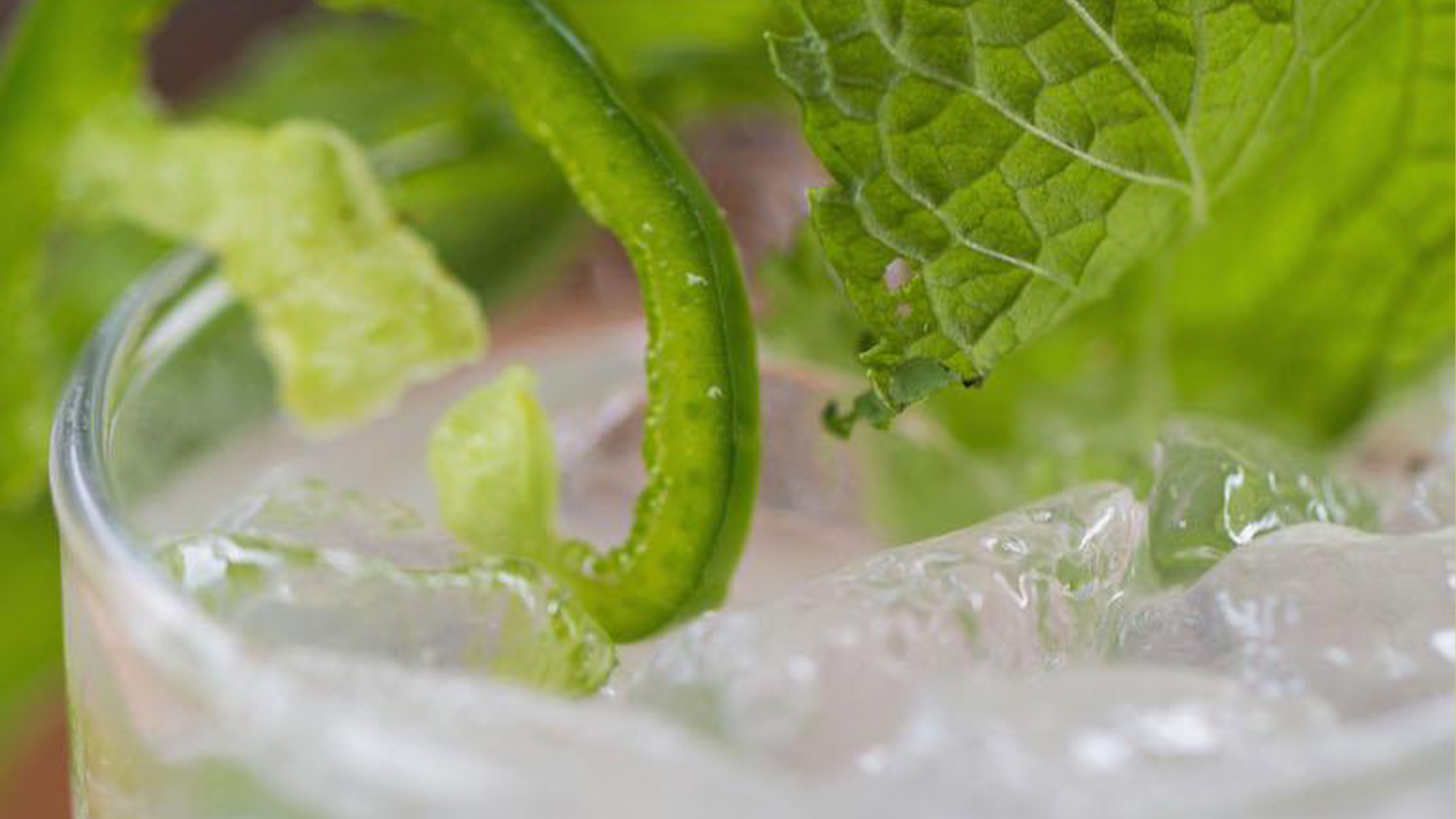 Close up shot of a filled glass with clear beverage and ice