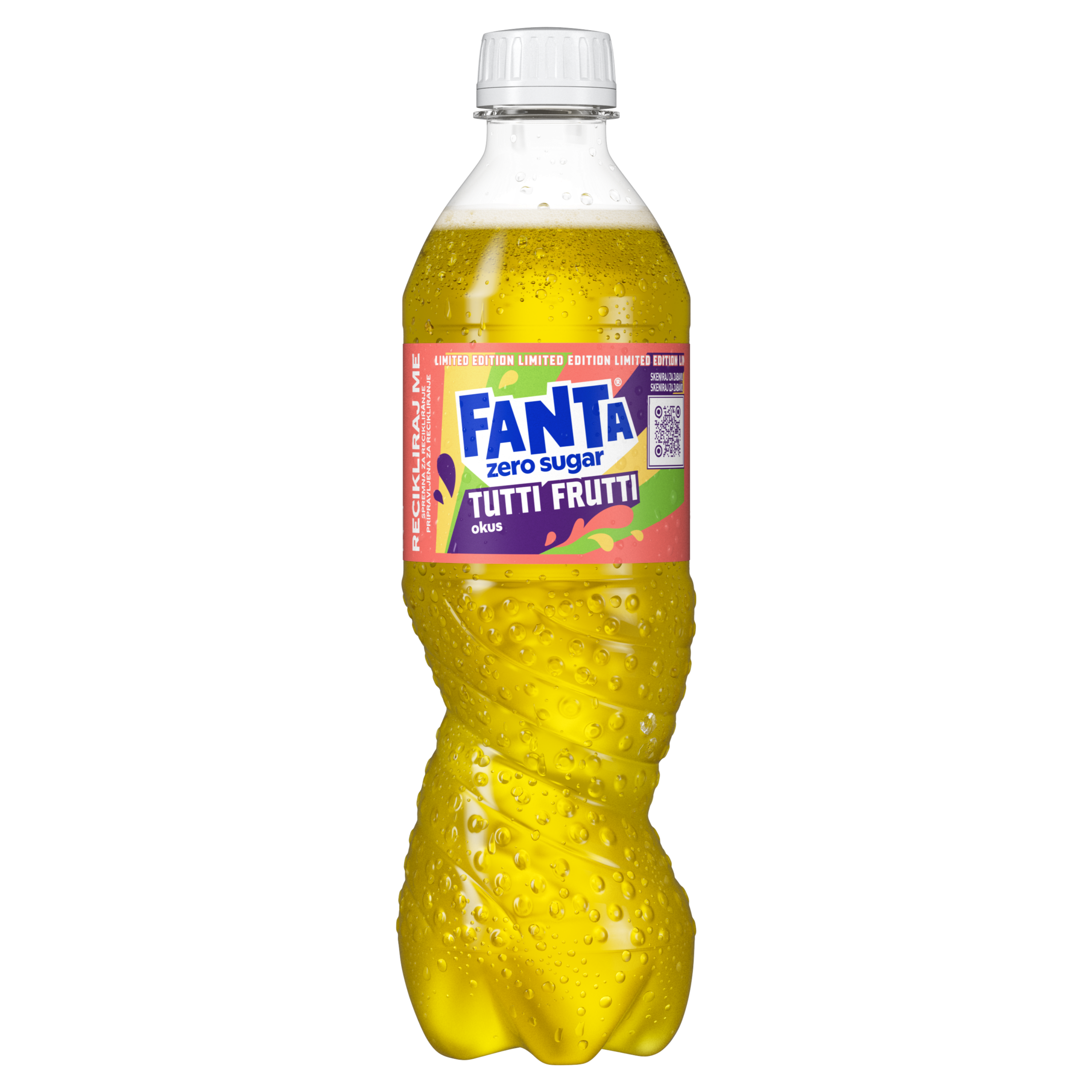 Posamična plastična steklenica Fanta okusa Tutti Frutti.