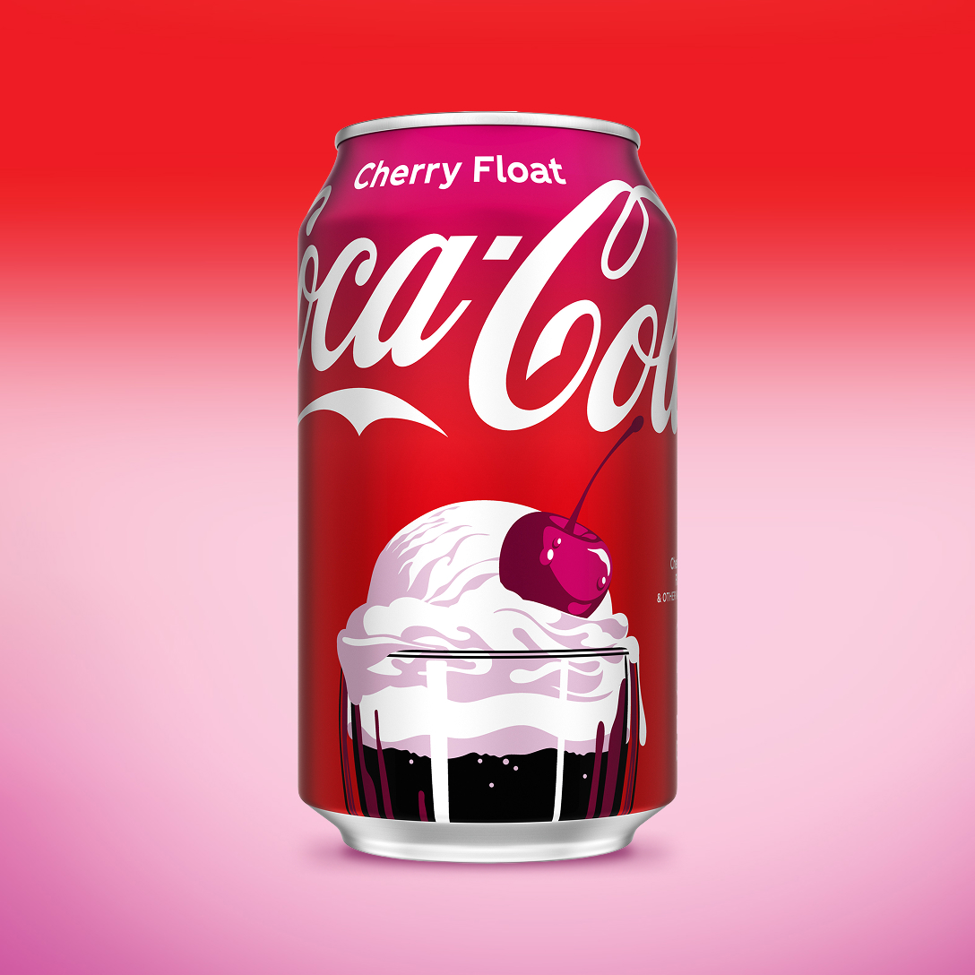 Can of Coca-Cola Cherry Float with a cherry-topped float graphic, on a red-to-pink gradient background.