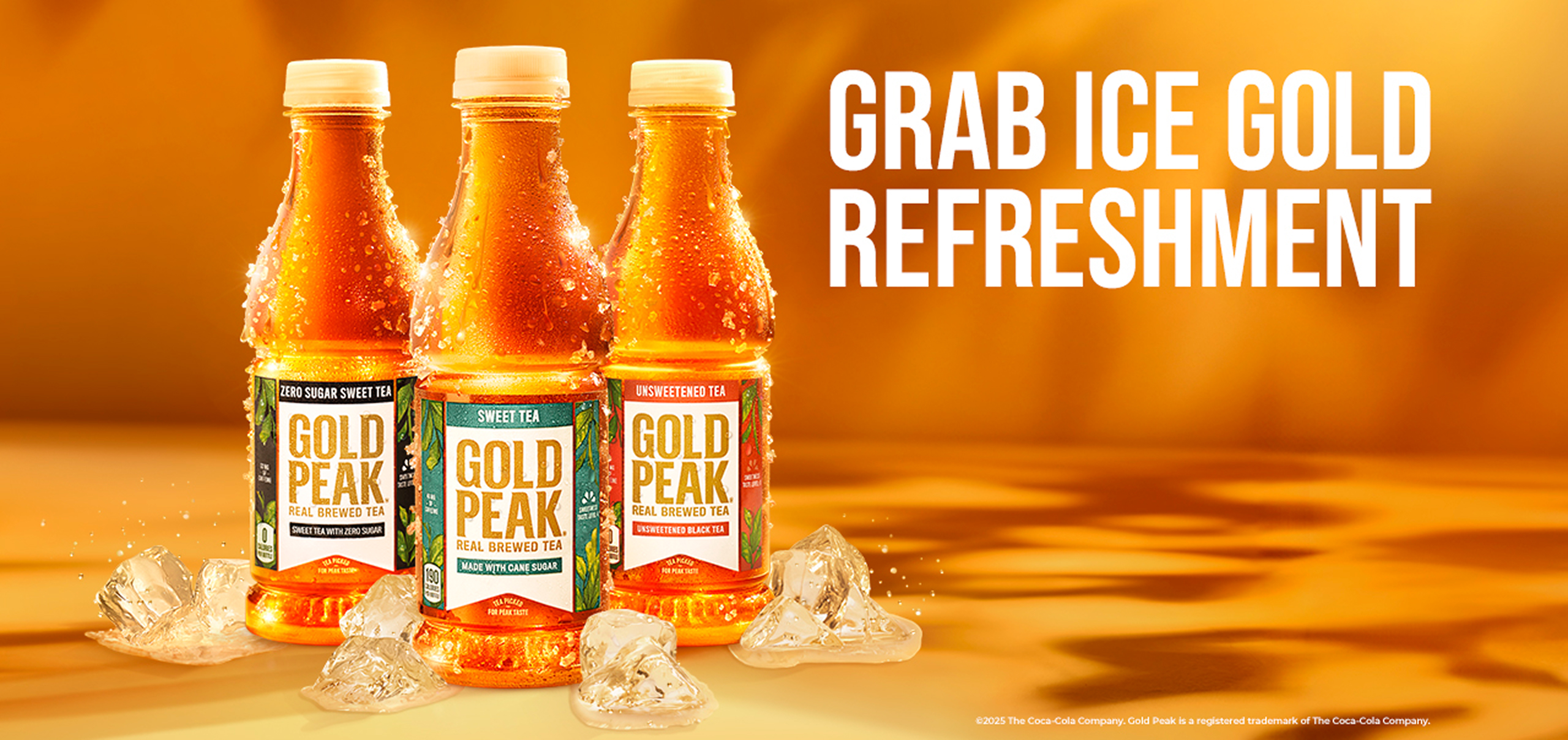 Three Gold Peak bottles in different flavors next text reading "Made with high quality tea leaves picked for peak taste"