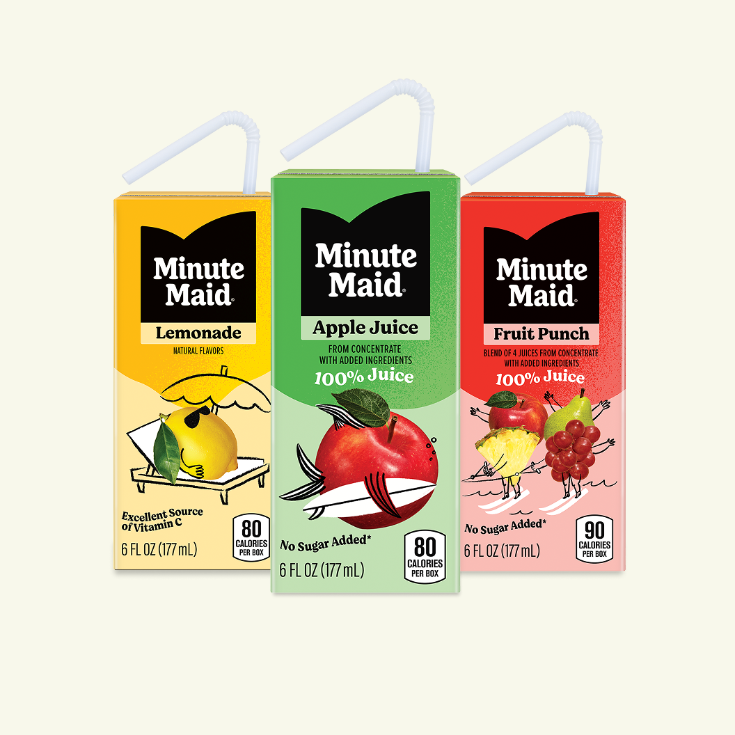 Three different Minute Maid For Kids juice boxes