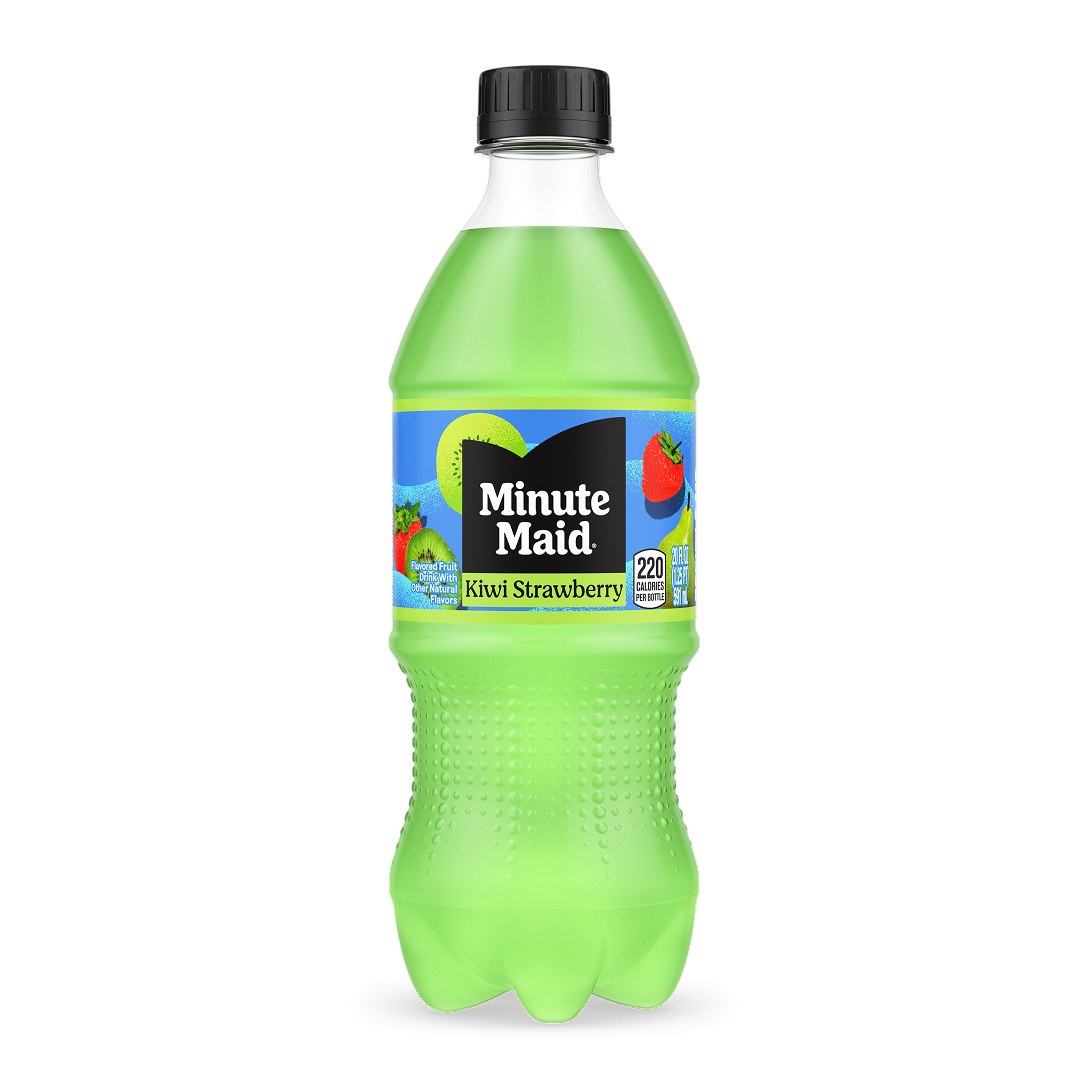 Minute Maid Kiwi Strawberry 20 fl oz bottle with a bright green liquid and blue label featuring kiwi and strawberry, 220 calories per bottle.