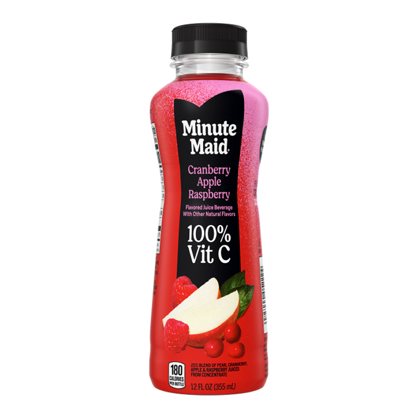 A 12 fl oz bottle of Minute Maid Cranberry Apple Raspberry, a red/pink flavored juice beverage, with an image of raspberries, an apple slice, and cranberries on the label. Text reads "Flavored Juice Beverage With Other Natural Flavors," "100% Vit C," and "180 Calories Per Bottle."
