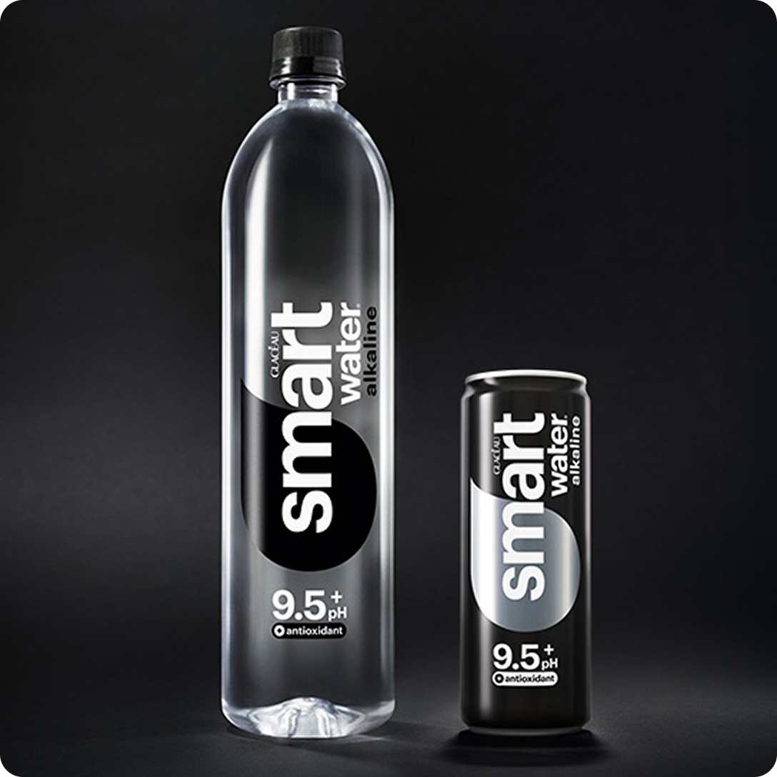 A bottle and a can of smartwater alkaline with antioxidant