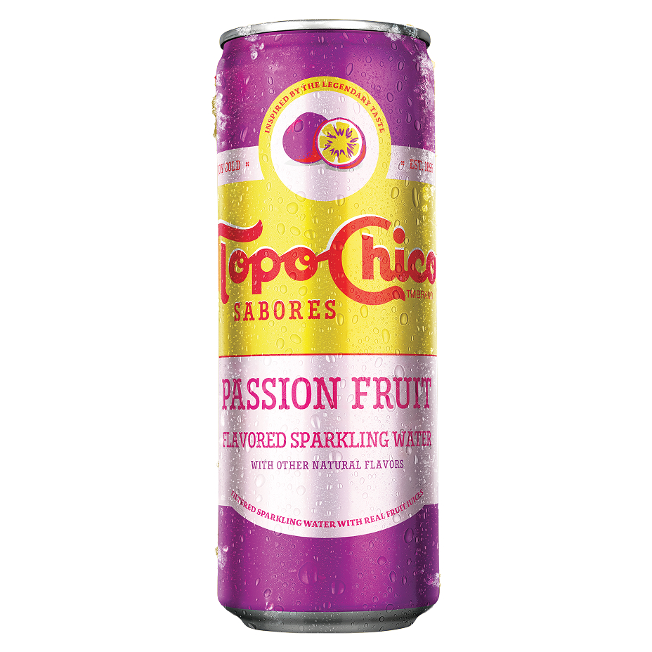 A condensation-covered purple and yellow can of Topo Chico Sabores Passion Fruit flavored sparkling water, shown against a white background.