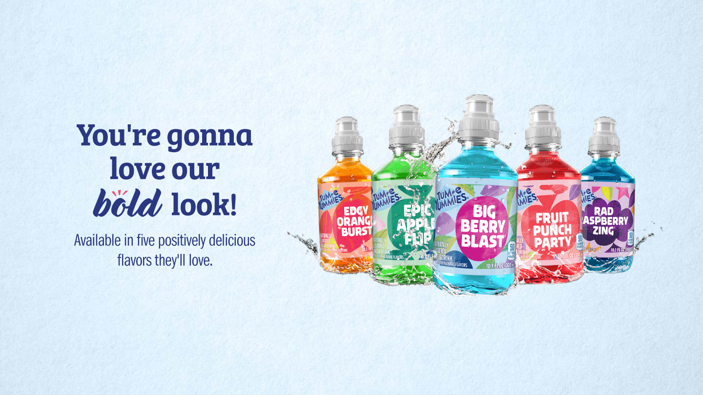 Five bottles of Tum-e Yummies on light blue background