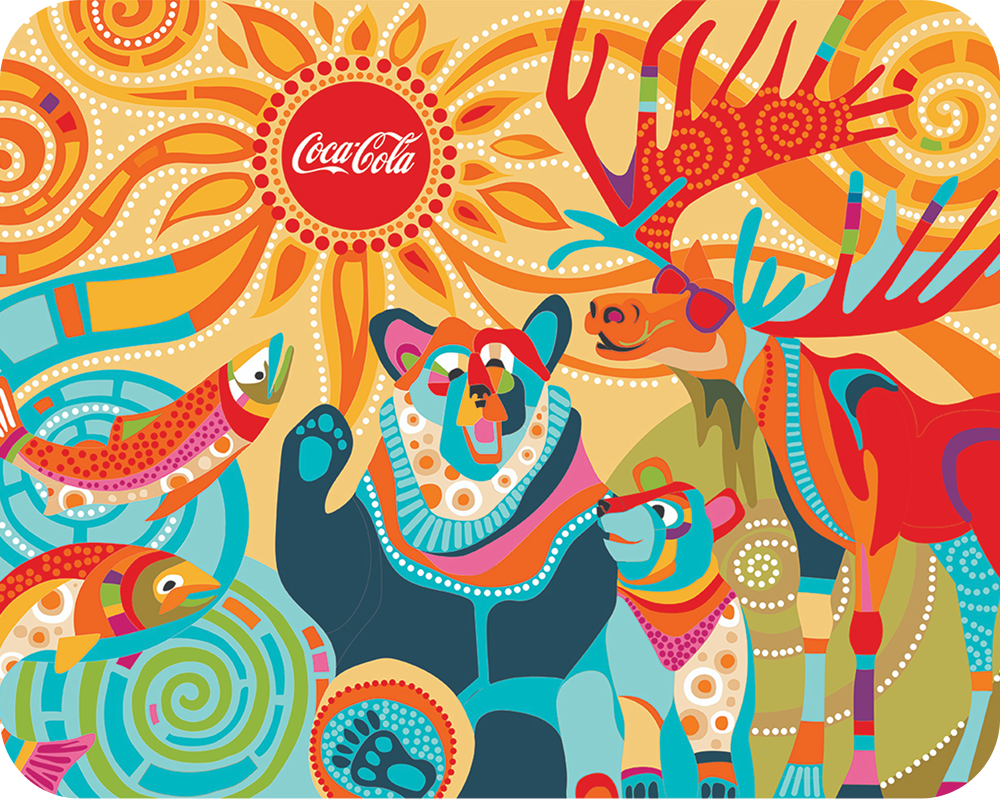 Dawn Gerety's vibrant Coca‑Cola Paint the Nation mural featuring stylized Alaskan bears, a moose, and salmon.