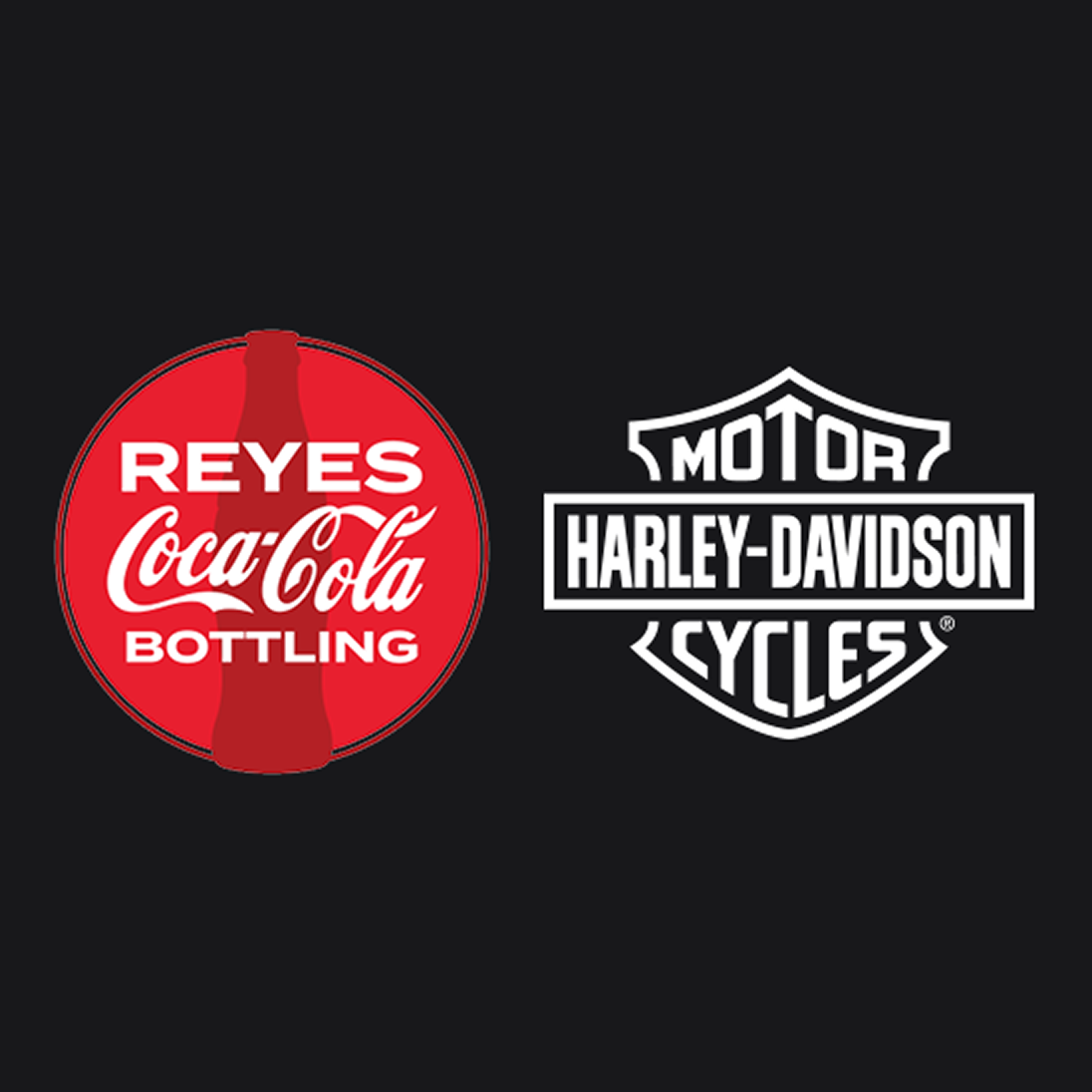 Partnership logos for a local campaign, featuring the Reyes Coca-Cola Bottling logo and the Harley-Davidson Motor Cycles logo.