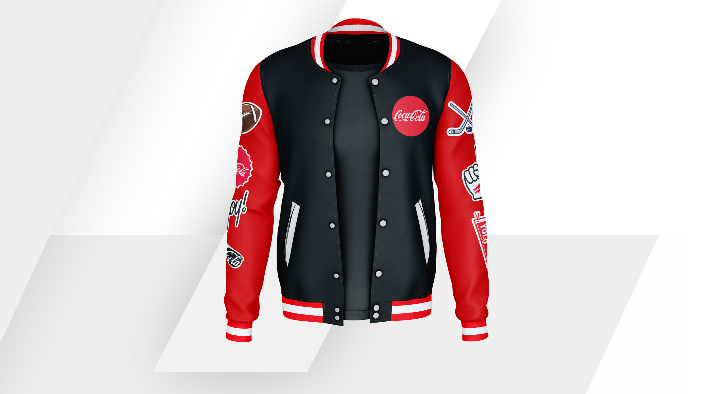 Promotional image displaying a black and red Coca-Cola letterman jacket with patches for the Fall Football promo.