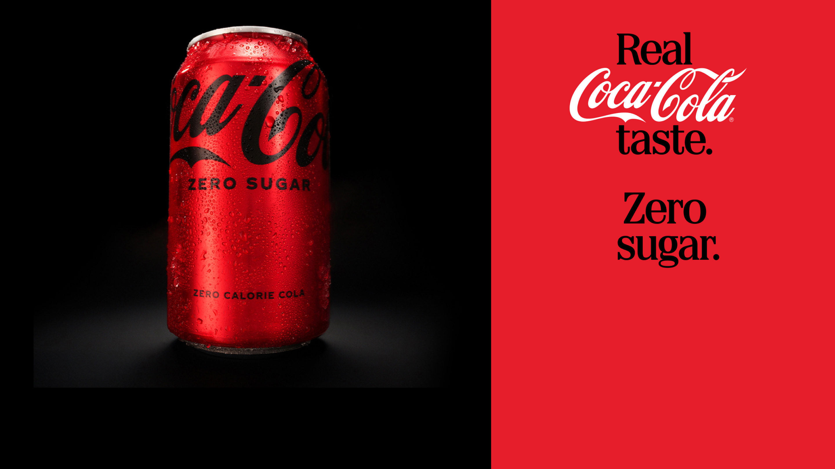 Detail of a Coca-Cola Zero Sugar can on black background with the phrase "Best Coke Ever? #TakeATaste"