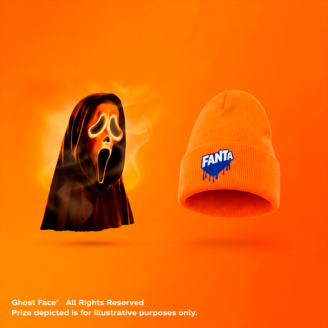 Ghost Face Mask and Fanta beanie prizes against an orange background