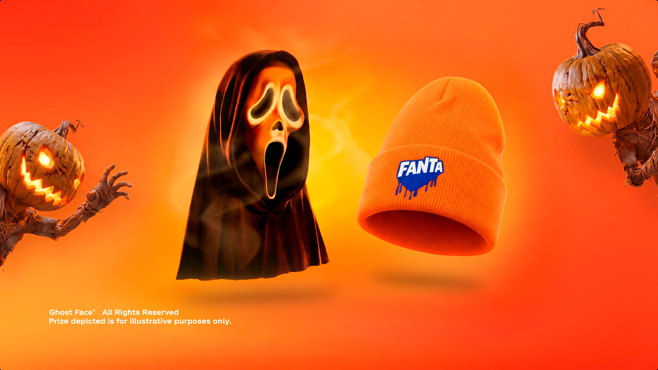Ghost Face mask and orange Fanta beanie floating between glowing pumpkin scarecrow characters on an orange Halloween background.