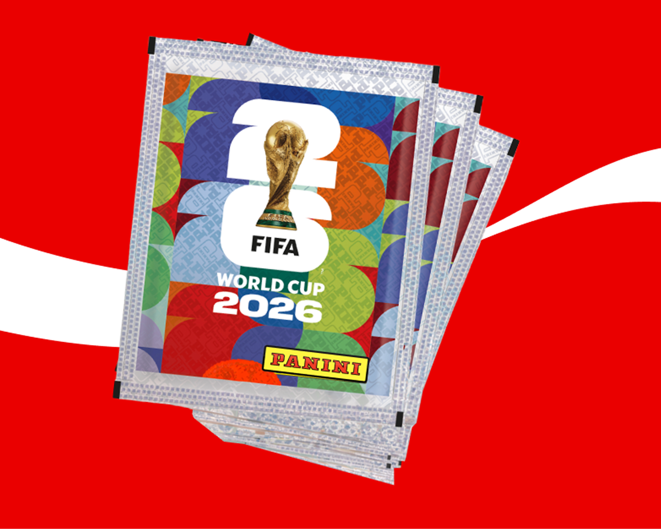 Stack of FIFA World Cup 2026 Panini sticker packs fanned out on bright red Coca‑Cola background.