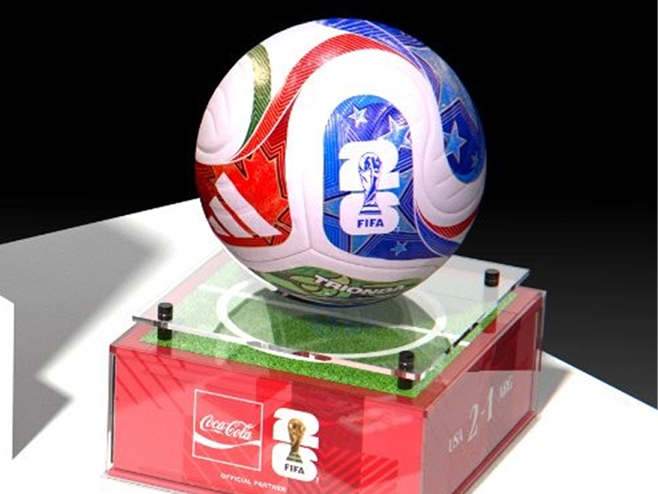 Official FIFA match ball displayed on stand with Coca-Cola branding, promoting match ball sweepstakes on FIFA digital hub.