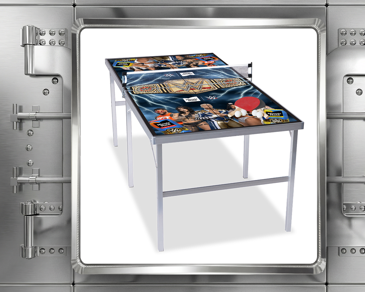 Minute Maid and WWE portable table tennis table featuring superstars and a championship belt, displayed inside a metal vault.