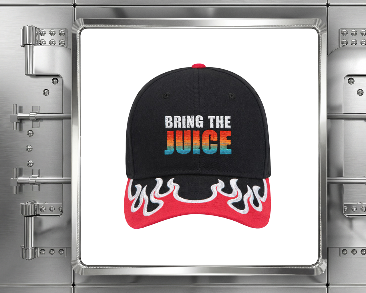 A black "Bring The Juice" campaign hat with a red brim and white flame design, displayed inside a silver vault frame.