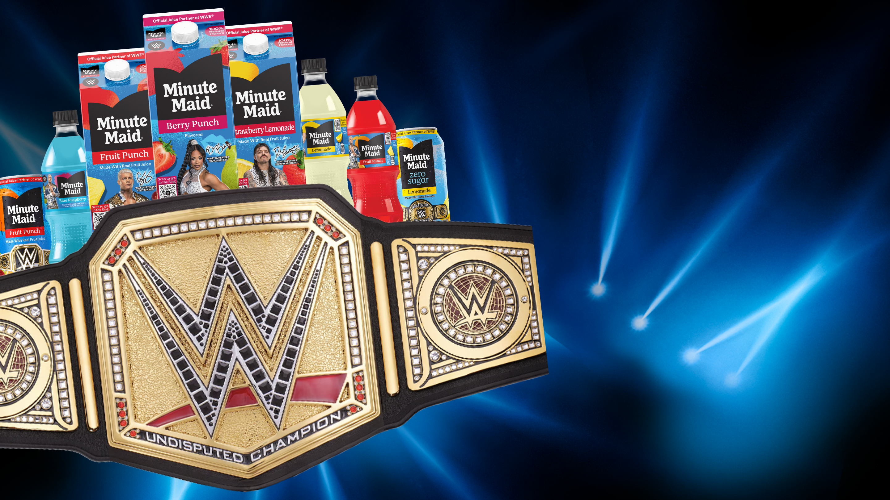 Teaser banner for Minute Maid x WWE Title Belt Builder showing championship belt in arena and badge announcing July 20 2026.