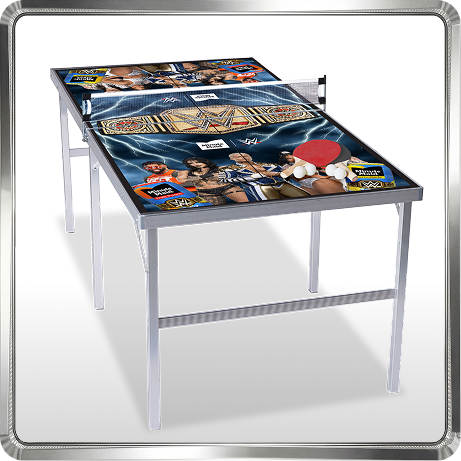 Portable table tennis game with Minute Maid x WWE artwork, showing wrestlers, championship belt and paddles on the table surface.