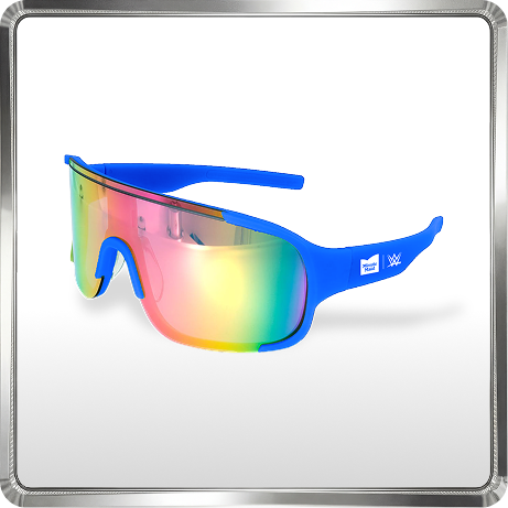 Blue sport viper sunglasses with rainbow mirrored lens and small Minute Maid x WWE logos on the temples.