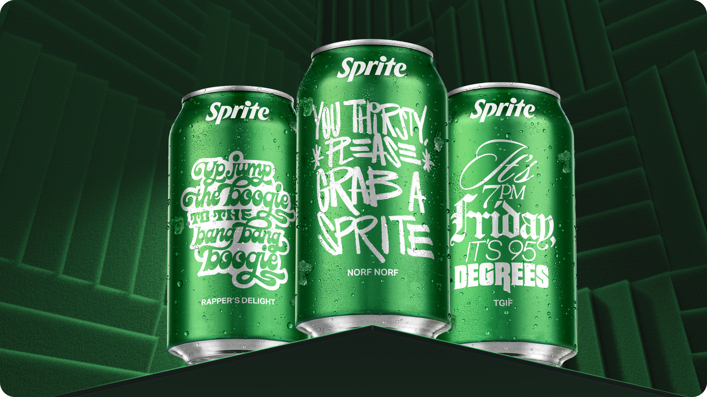 Three limited-edition Sprite Living Tracklist cans with bold lyric-style white typography on green sound studio background