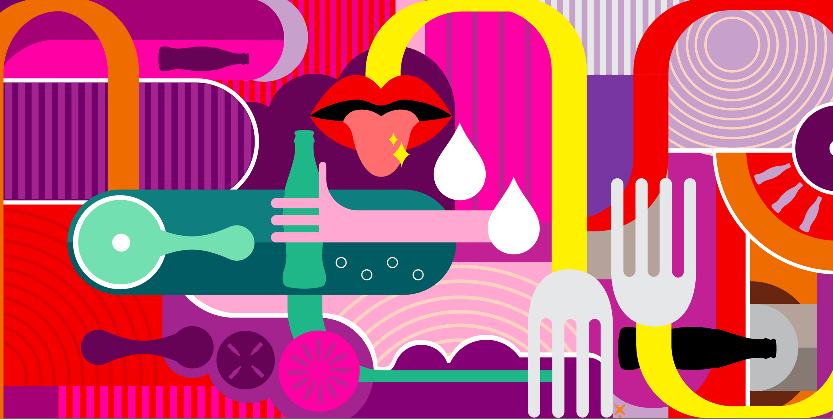 decorative colorful image with lips and forks