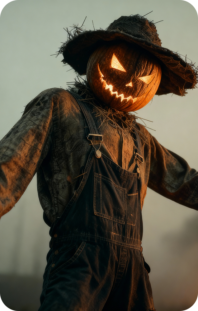 Haystacks con cabeza de calabaza brillante y overoles en la tarjeta promocional de Fanta Halloween.