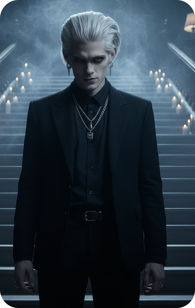 Personaje Drayk pálido con traje negro a la luz de las velas en tarjeta promocional de Fanta Halloween.
