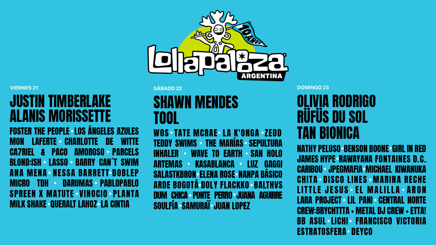 Cartel promocional de Lollapalooza Argentina 2025 mostrando los días y artistas destacados: Justin Timberlake, Alanis Morissette, Shawn Mendes, Tool, Olivia Rodrigo, entre otros.