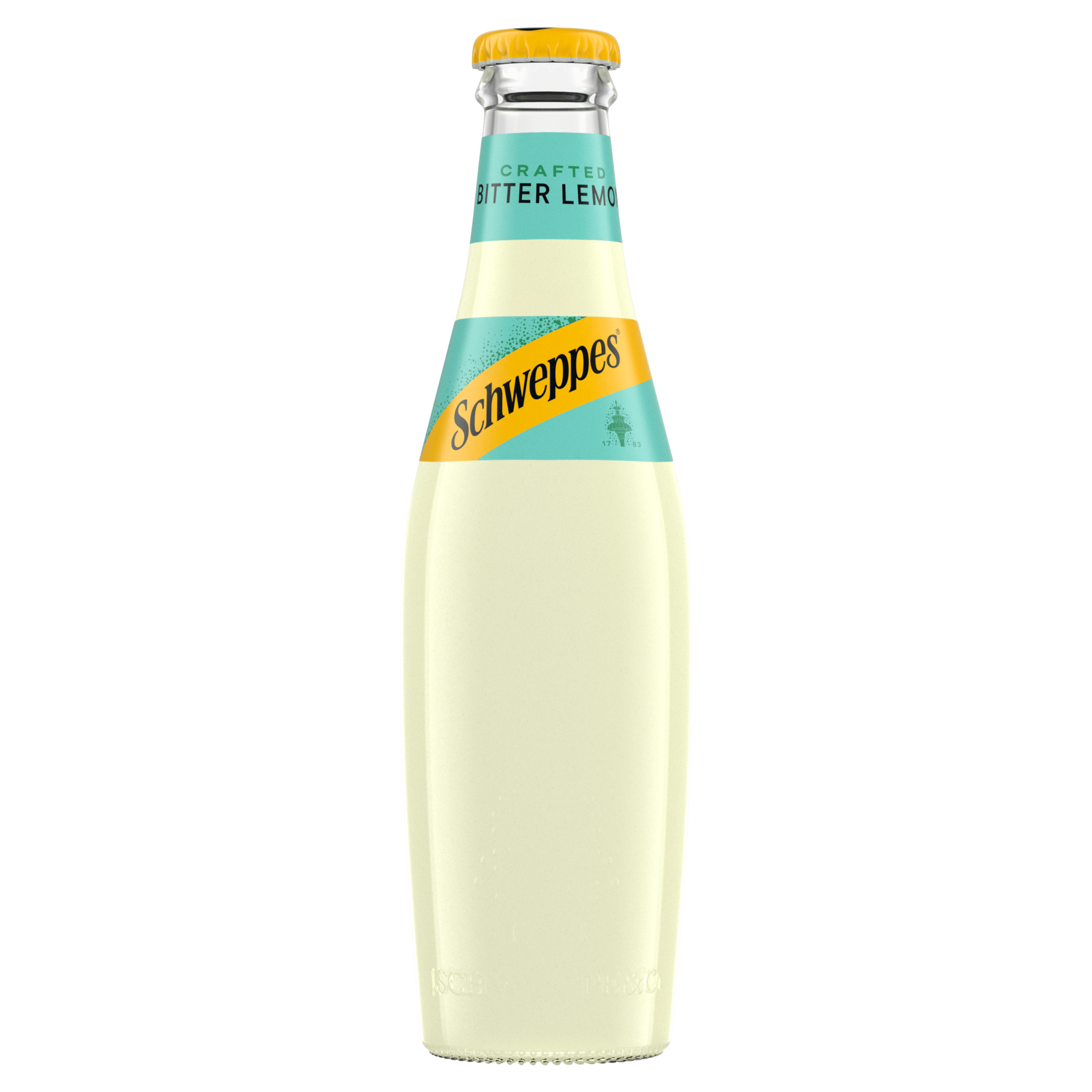 Shishe Schweppes Bitter Lemon me etiketë të verdhë dhe të gjelbër.