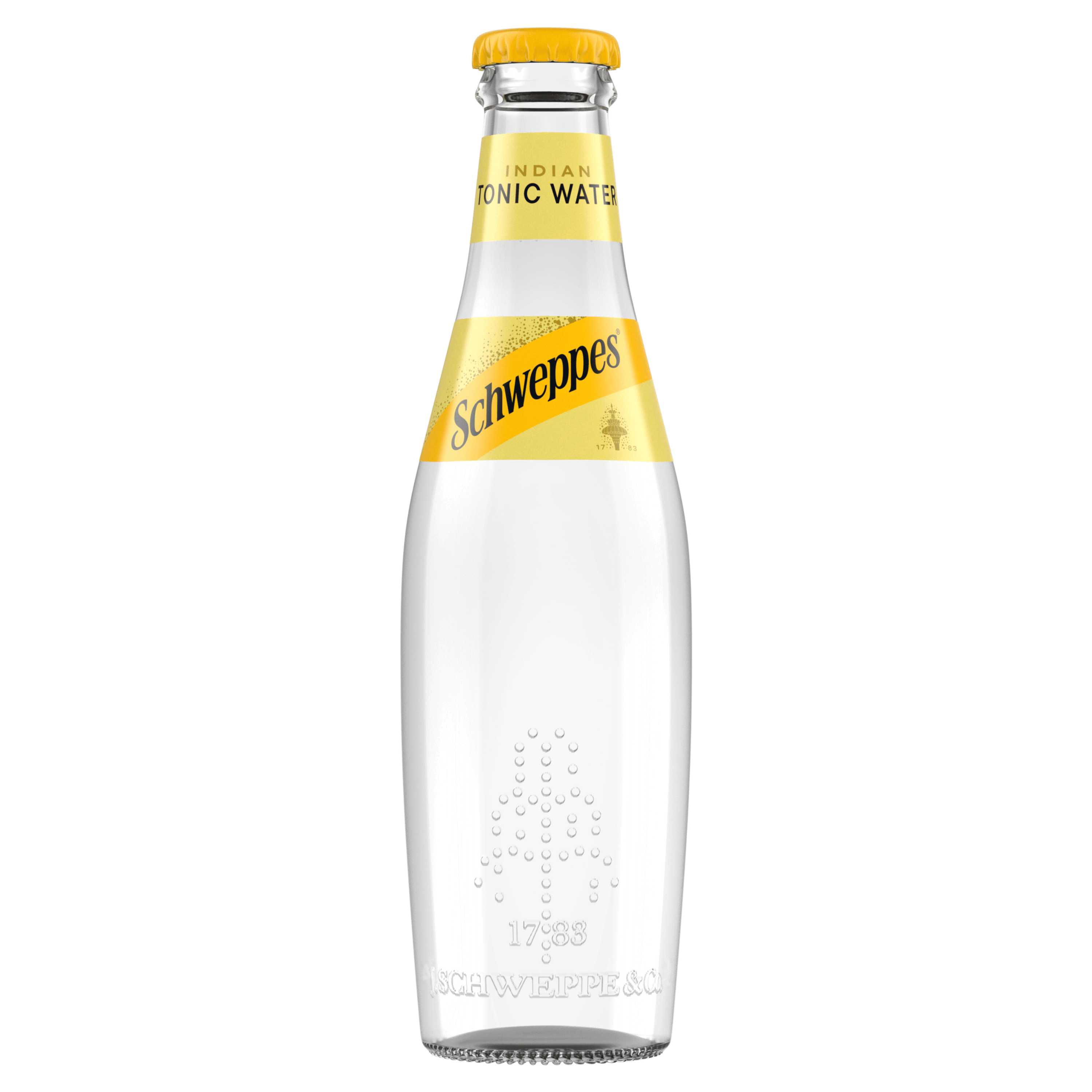 Shishe Schweppes Tonic Water me etiketë të verdhë.