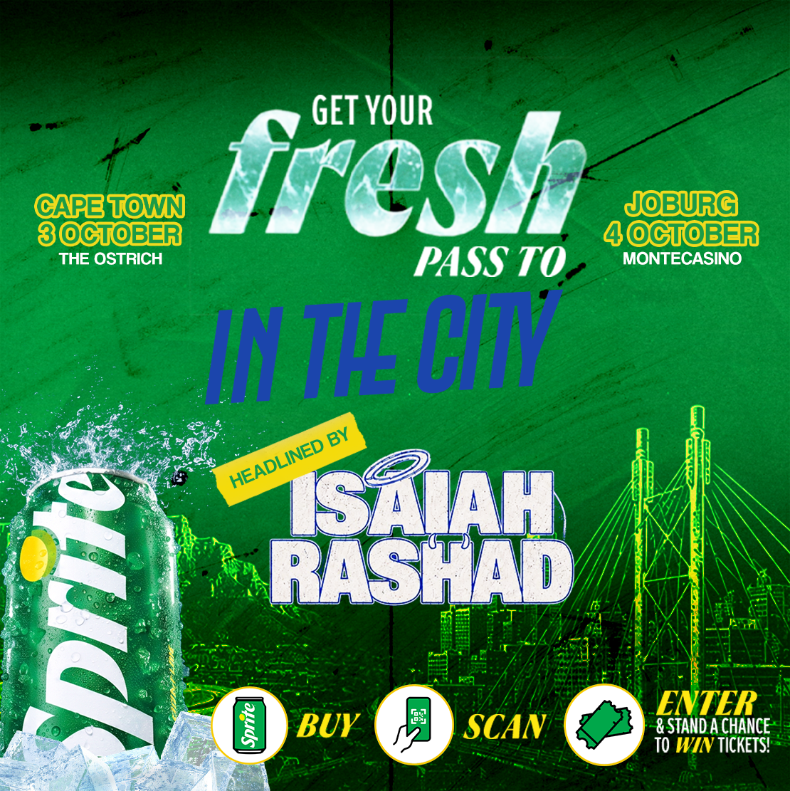 Promotional banner for Sprite In The City South Africa headlined by Isaiah Rashad. Buy and scan Sprite to win tickets.